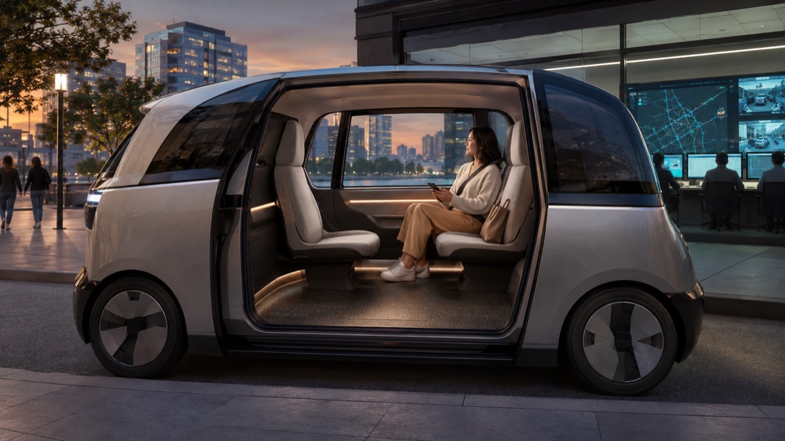 AI-generated illustration of a fictional two-seat autonomous taxi at an urban curb
