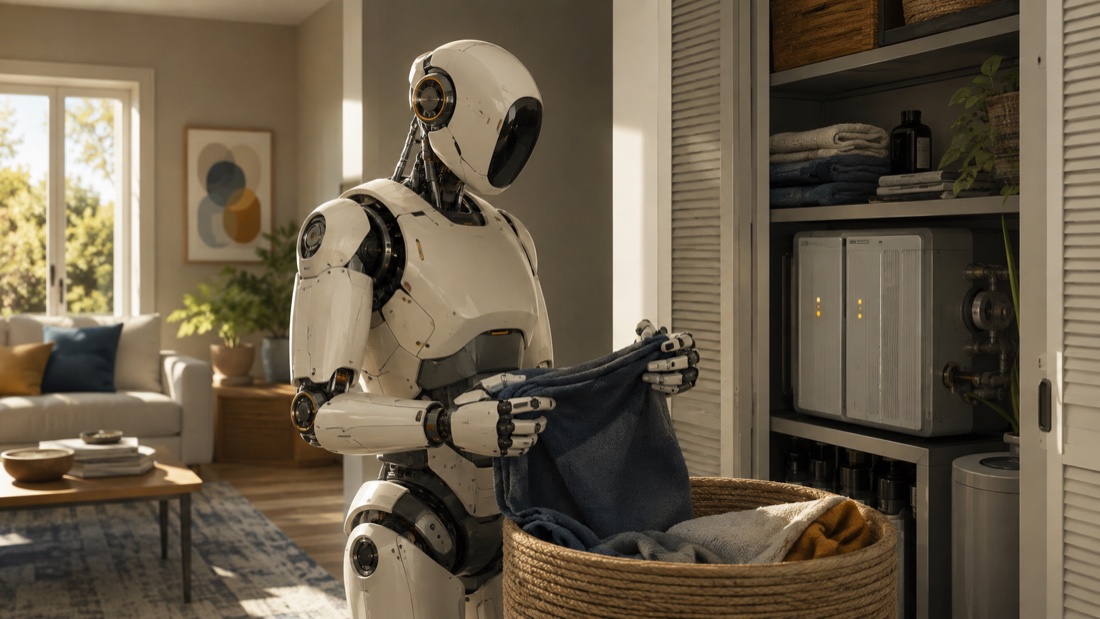 AI-generated illustration of a fictional humanoid robot folding laundry in a home