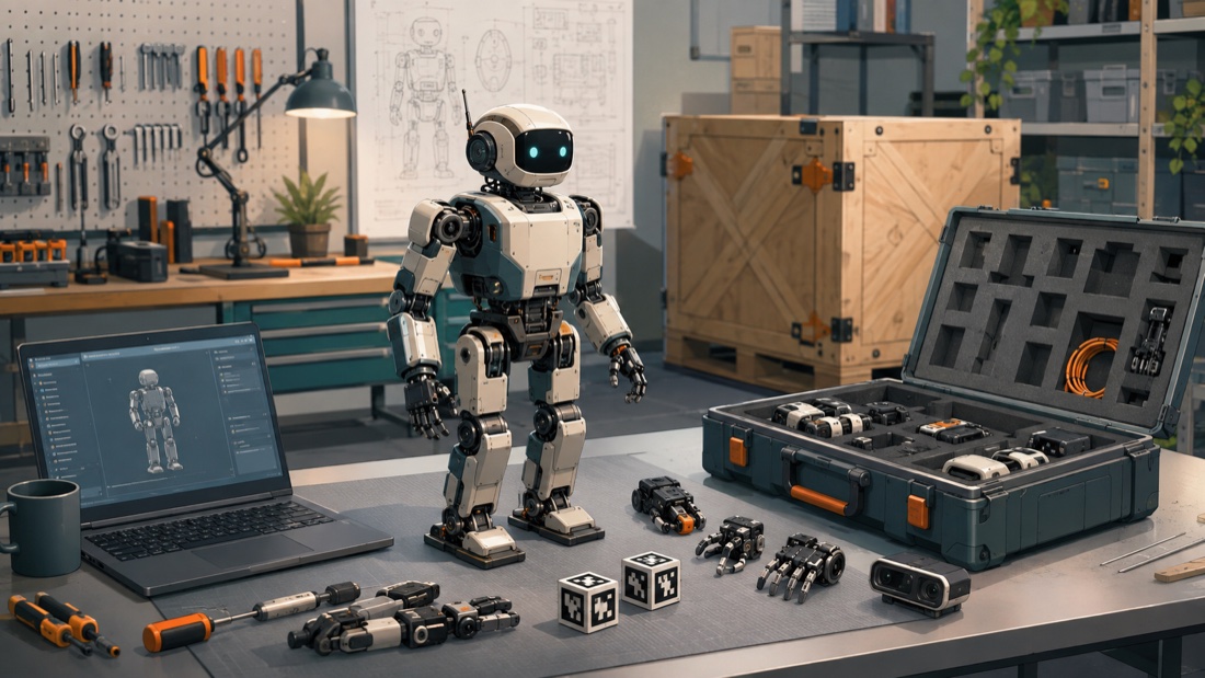 AI-generated illustration of a fictional compact humanoid robot with development and maintenance equipment
