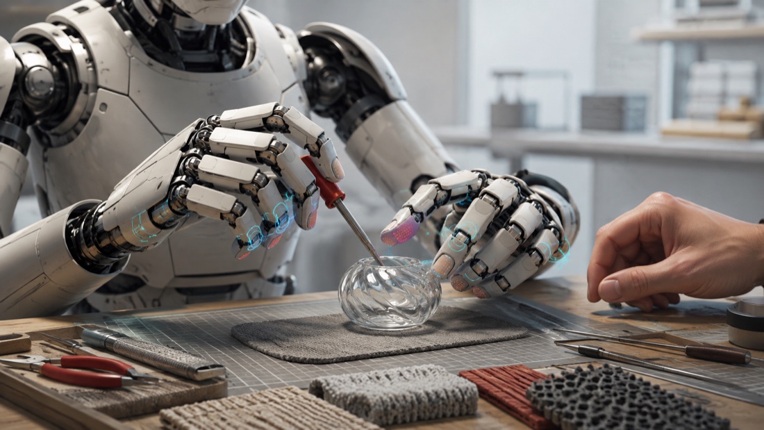 AI-generated illustration of fictional humanoid robot hands carefully using a tool near a fragile object