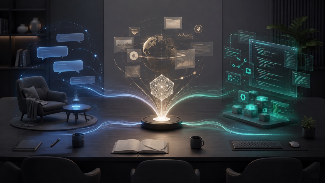 AI-generated illustration of three abstract workspaces for conversation, live information and coding