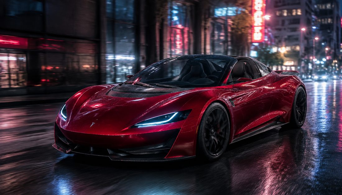 AI-generated illustration: a red electric supercar on a wet city street at night