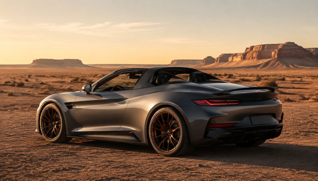 AI-generated illustration: rear three-quarter view of a grey electric supercar in desert scrub