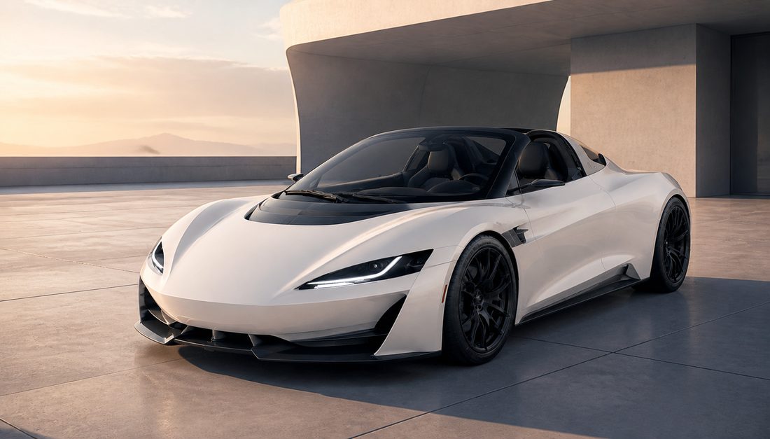 AI-generated illustration: a white low-slung electric supercar outside a concrete pavilion