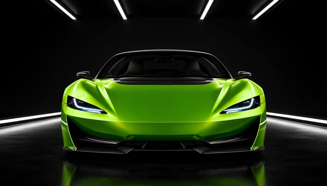AI-generated illustration: head-on studio view of a green electric supercar under strip lighting